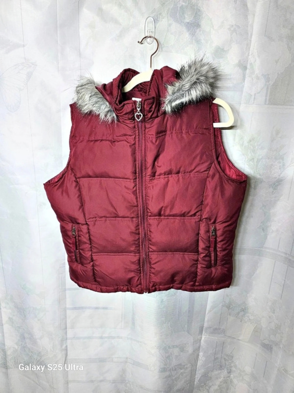 maurices Faux Fur Hood Puffer Vest Burgundy XL